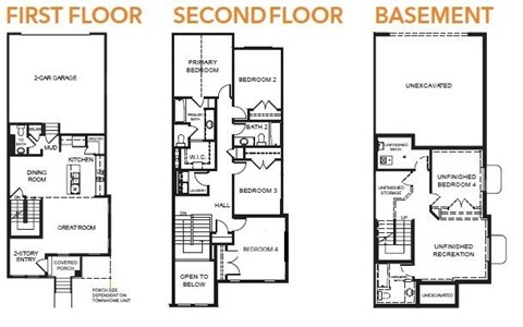 A floor plan of a house showing the first floor, second floor, and basement.